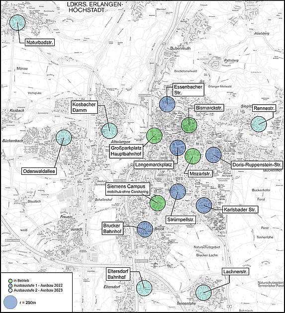 Erlangen şehir bölgesindeki mobil noktalara genel bakış haritası